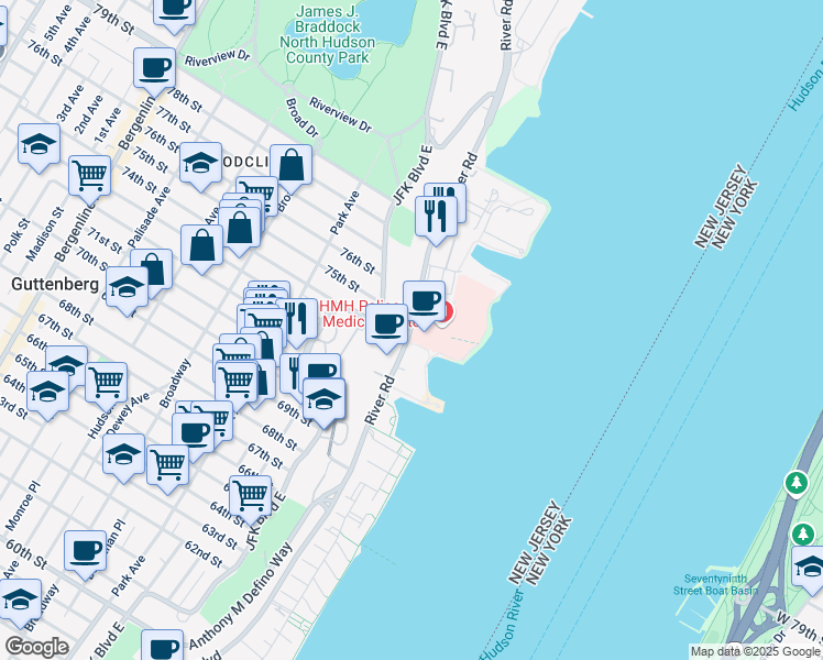 map of restaurants, bars, coffee shops, grocery stores, and more near 7440 Boulevard East in North Bergen