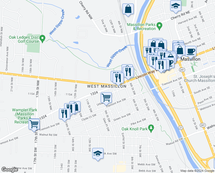 map of restaurants, bars, coffee shops, grocery stores, and more near 806 Lincoln Way West in Massillon
