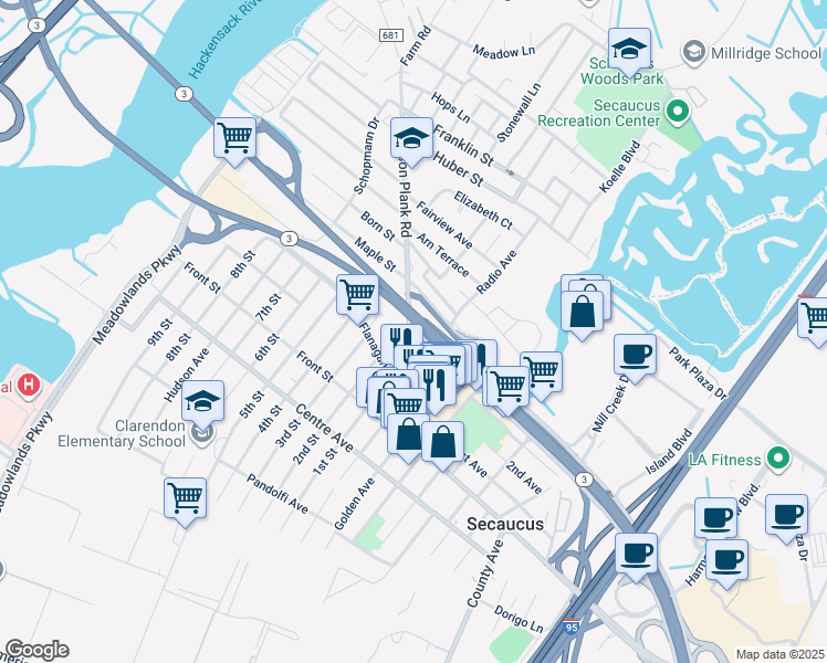 map of restaurants, bars, coffee shops, grocery stores, and more near 1400 Paterson Plank Road in Secaucus
