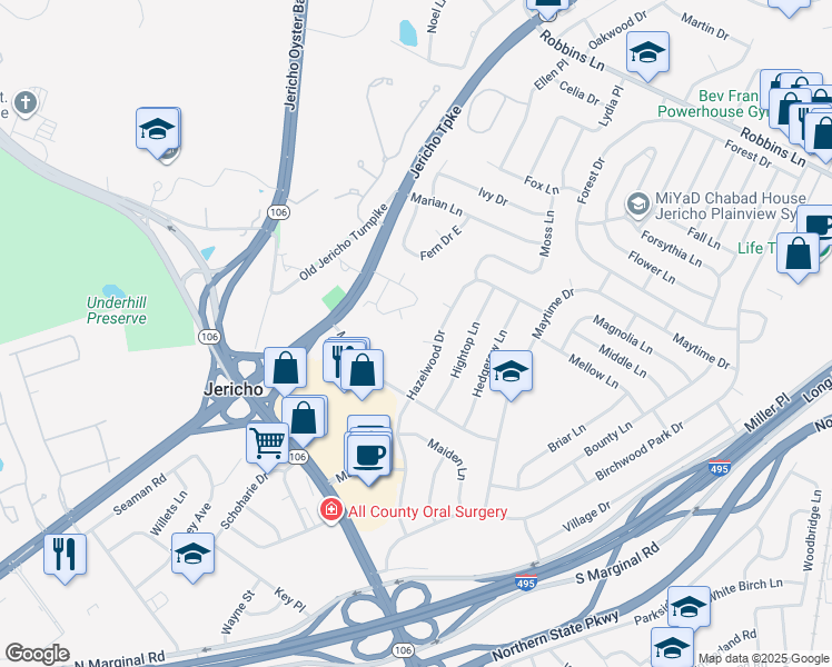 map of restaurants, bars, coffee shops, grocery stores, and more near 30 Mulberry Court in Jericho