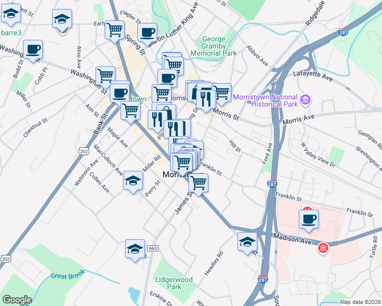 map of restaurants, bars, coffee shops, grocery stores, and more near 28 Elm Street in Morristown