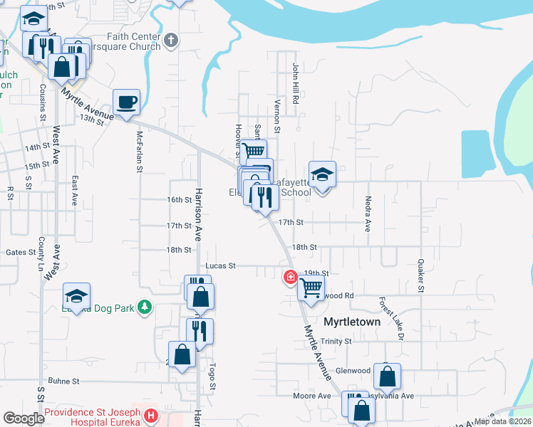 map of restaurants, bars, coffee shops, grocery stores, and more near Myrtle Avenue & Vernon Street in Eureka