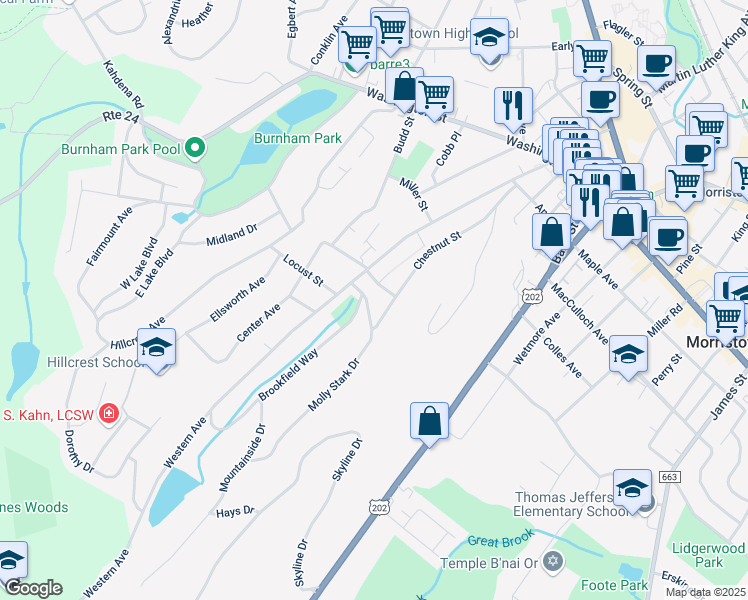 map of restaurants, bars, coffee shops, grocery stores, and more near 55 Molly Stark Drive in Morristown