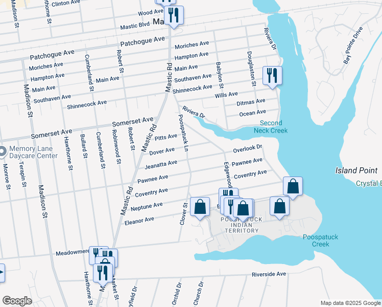 map of restaurants, bars, coffee shops, grocery stores, and more near 59 Poospatuck Lane in Mastic