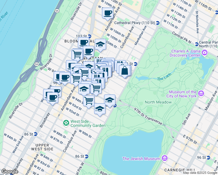 map of restaurants, bars, coffee shops, grocery stores, and more near 392 Central Park West in New York