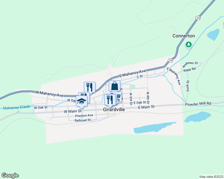 map of restaurants, bars, coffee shops, grocery stores, and more near 221 North 2nd Street in Girardville