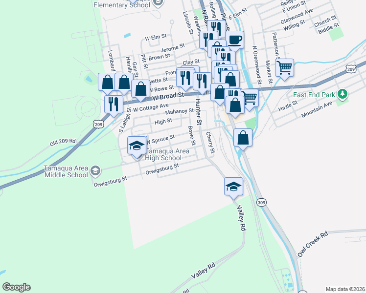 map of restaurants, bars, coffee shops, grocery stores, and more near 126 Race Street in Tamaqua