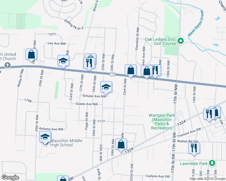 map of restaurants, bars, coffee shops, grocery stores, and more near 2420 Schuler Avenue Northwest in Massillon