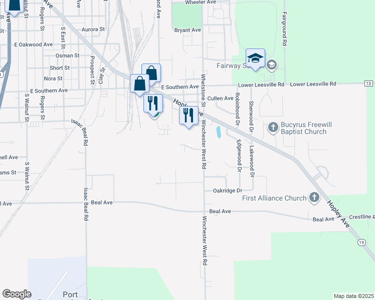 map of restaurants, bars, coffee shops, grocery stores, and more near 1325 Whetstone Street in Bucyrus