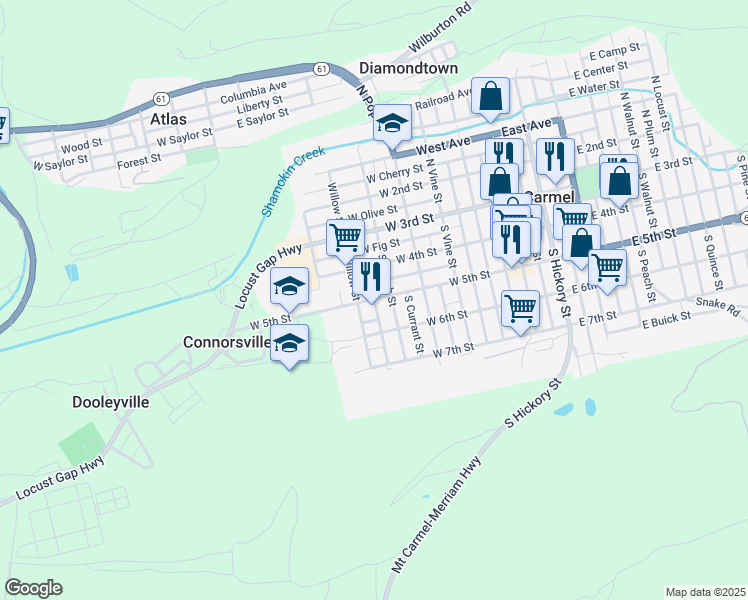 map of restaurants, bars, coffee shops, grocery stores, and more near West 5th Street in Mount Carmel