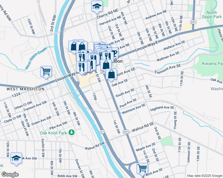 map of restaurants, bars, coffee shops, grocery stores, and more near 328 Erie Street South in Massillon