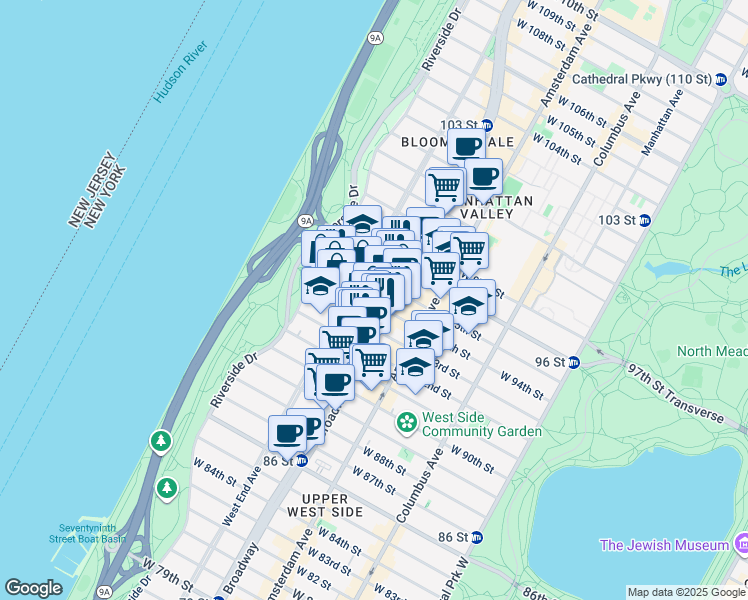 map of restaurants, bars, coffee shops, grocery stores, and more near 255 West 94th Street in New York