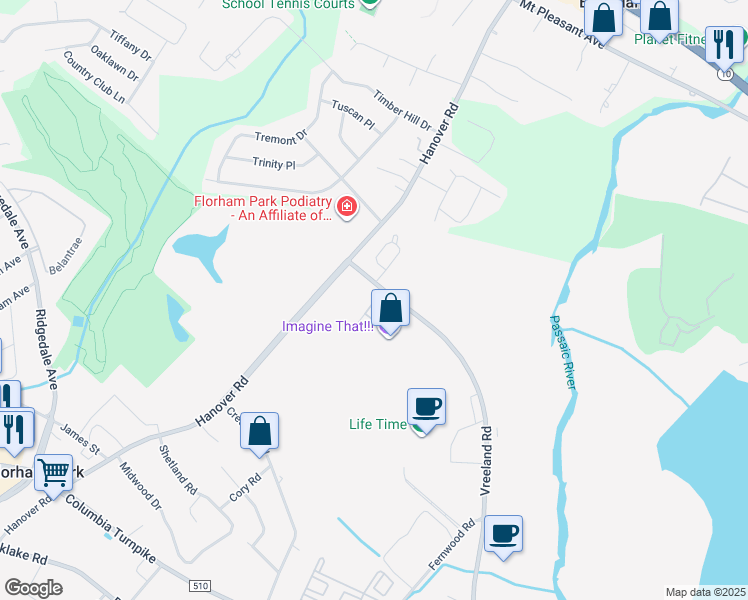 map of restaurants, bars, coffee shops, grocery stores, and more near 3 Vreeland Road in Florham Park