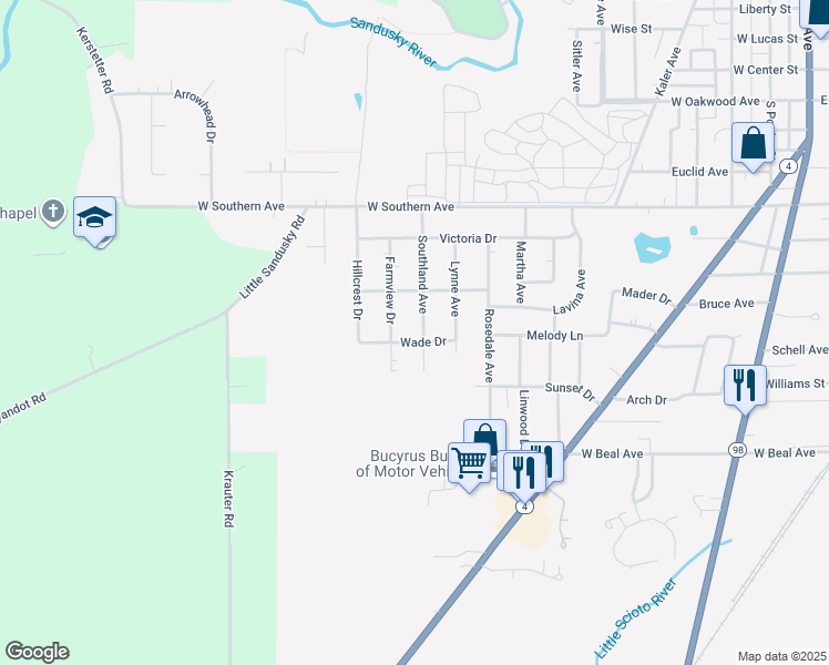 map of restaurants, bars, coffee shops, grocery stores, and more near 1285 Southland Avenue in Bucyrus