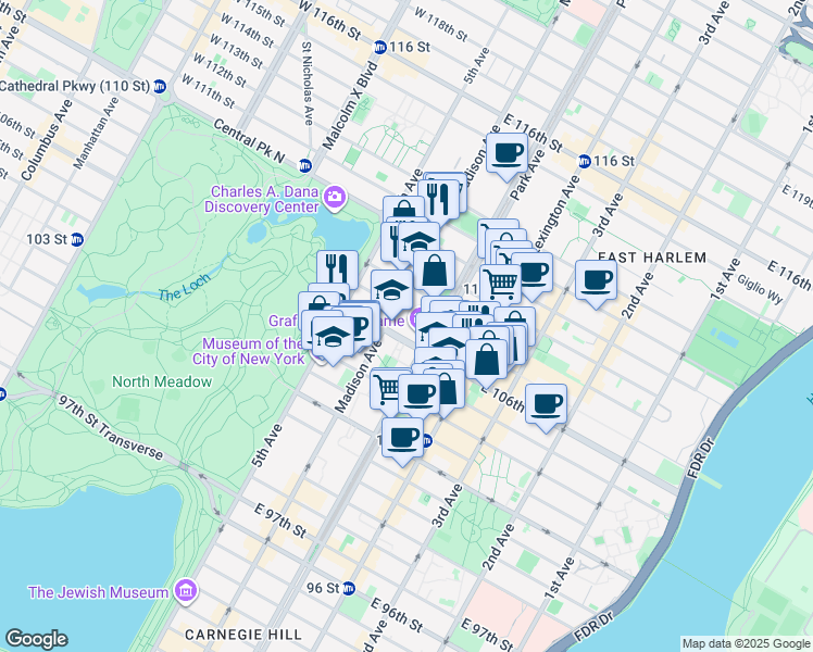 map of restaurants, bars, coffee shops, grocery stores, and more near 1573 Madison Avenue in New York