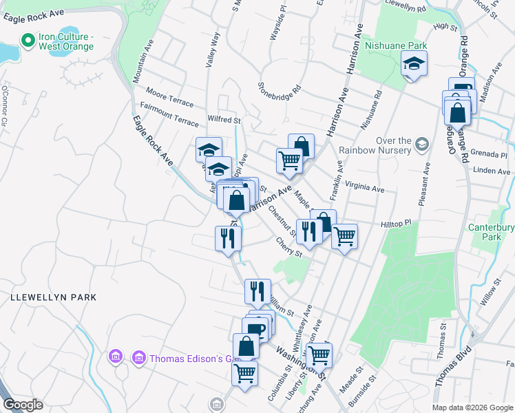 map of restaurants, bars, coffee shops, grocery stores, and more near 82 Harrison Avenue in West Orange