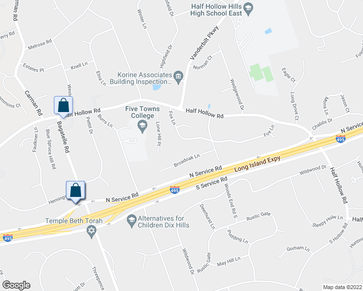 map of restaurants, bars, coffee shops, grocery stores, and more near 20 Fox Lane in Dix Hills
