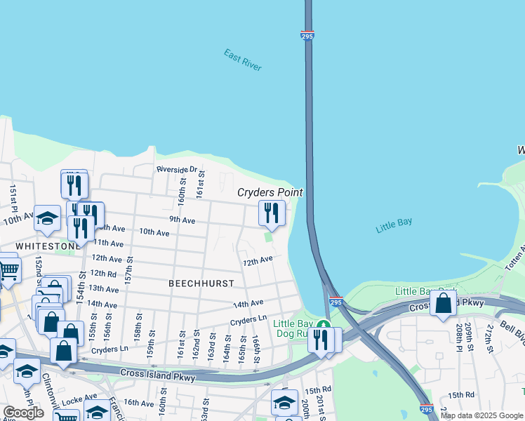 map of restaurants, bars, coffee shops, grocery stores, and more near 16625 Powells Cove Boulevard in Queens