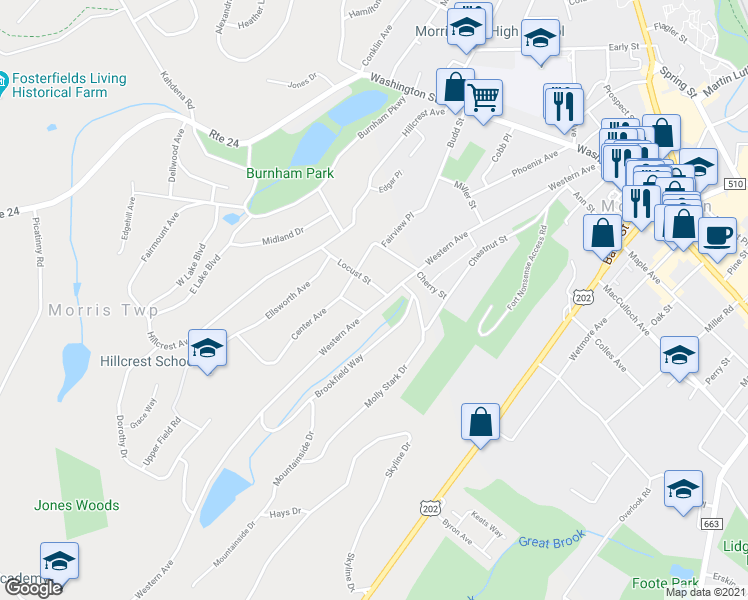 map of restaurants, bars, coffee shops, grocery stores, and more near 133 Western Avenue in Morristown