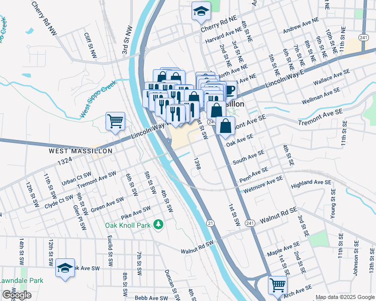 map of restaurants, bars, coffee shops, grocery stores, and more near 209 2nd Street Southwest in Massillon