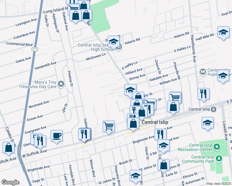 map of restaurants, bars, coffee shops, grocery stores, and more near 93 Coventry Lane in Central Islip