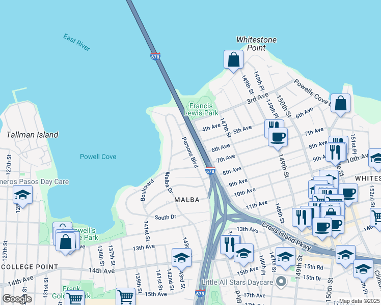 map of restaurants, bars, coffee shops, grocery stores, and more near 501 Parsons Boulevard in Queens