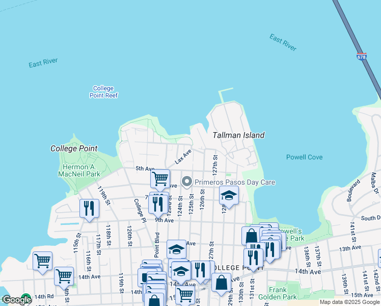 map of restaurants, bars, coffee shops, grocery stores, and more near 123-14B Powell Cove Boulevard in Queens