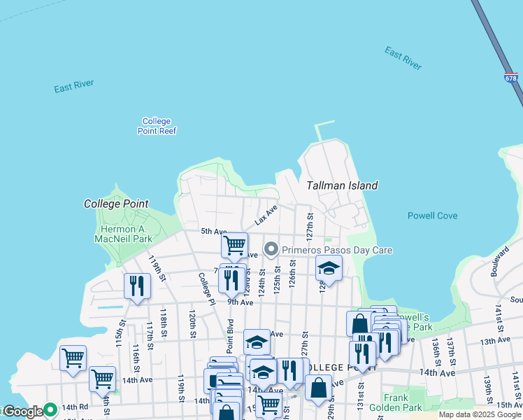 map of restaurants, bars, coffee shops, grocery stores, and more near 123-14B Powell Cove Boulevard in Queens