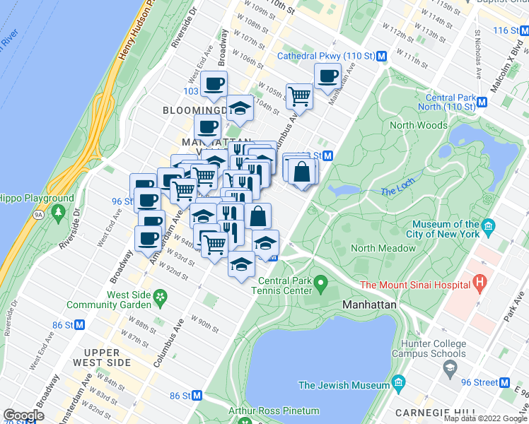 map of restaurants, bars, coffee shops, grocery stores, and more near 392 Central Park West in New York