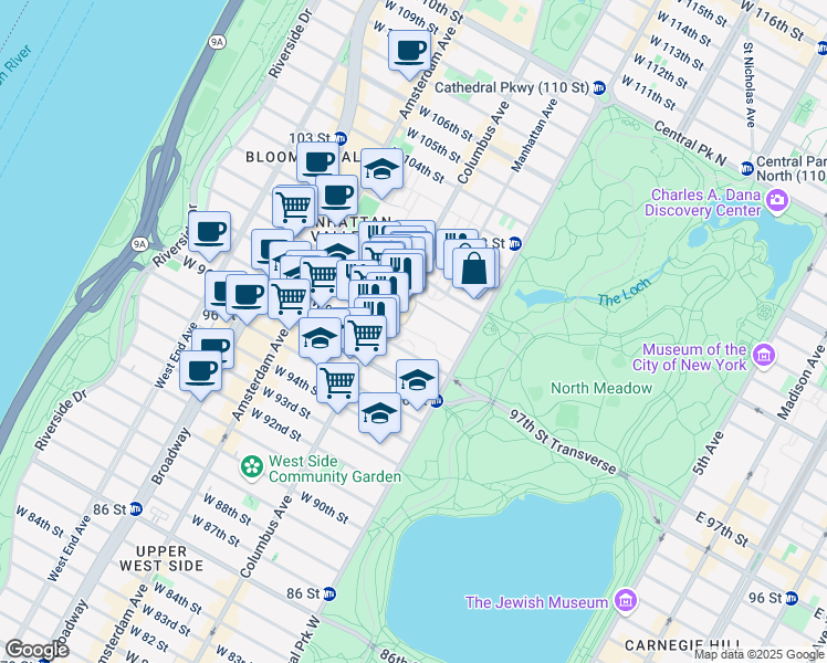 map of restaurants, bars, coffee shops, grocery stores, and more near 392 Central Park West in New York