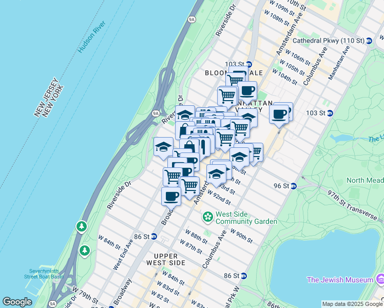 map of restaurants, bars, coffee shops, grocery stores, and more near 215 West 94th Street in New York