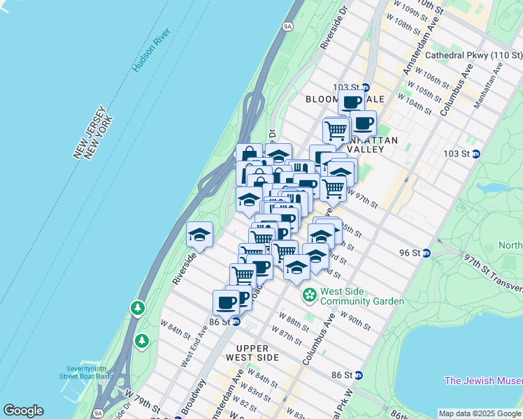 map of restaurants, bars, coffee shops, grocery stores, and more near 317 West 93rd Street in New York