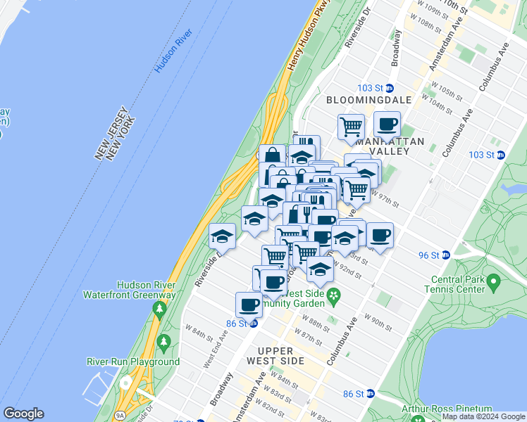 map of restaurants, bars, coffee shops, grocery stores, and more near 317 West 93rd Street in New York