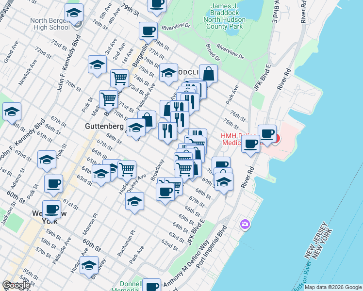 map of restaurants, bars, coffee shops, grocery stores, and more near in Hudson County