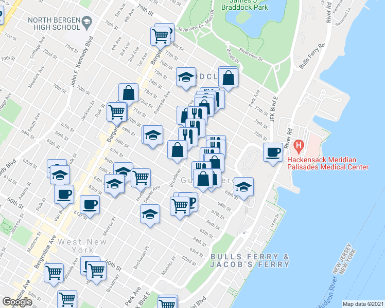 map of restaurants, bars, coffee shops, grocery stores, and more near 204 70th Street in Guttenberg