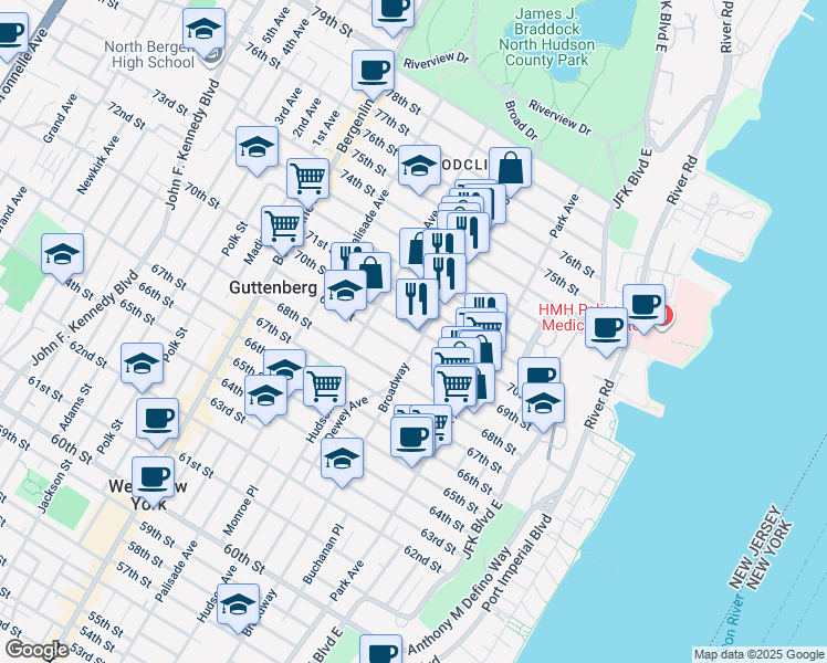 map of restaurants, bars, coffee shops, grocery stores, and more near in Guttenberg