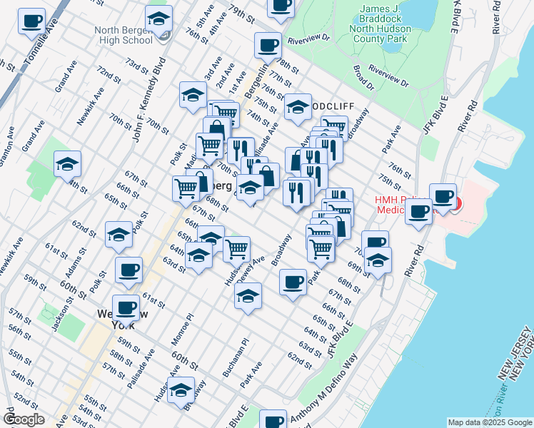 map of restaurants, bars, coffee shops, grocery stores, and more near 233 70th Street in Guttenberg