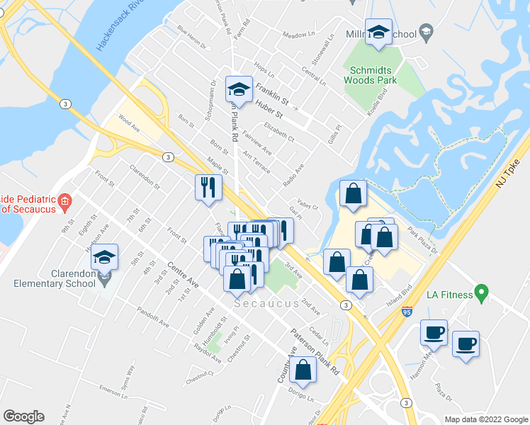 map of restaurants, bars, coffee shops, grocery stores, and more near 2 Radio Avenue in Secaucus