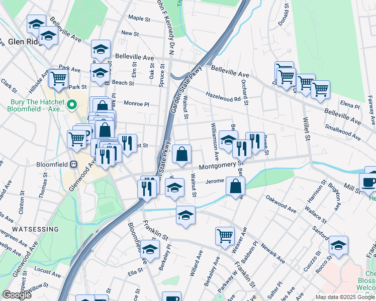 map of restaurants, bars, coffee shops, grocery stores, and more near 111 Walnut Street in Bloomfield