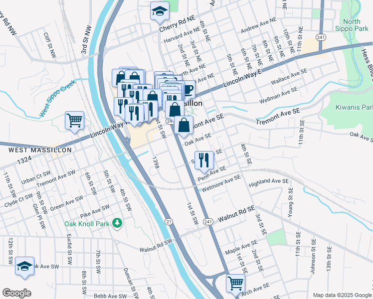 map of restaurants, bars, coffee shops, grocery stores, and more near in Massillon