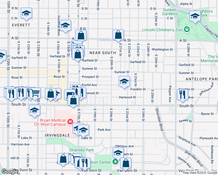 map of restaurants, bars, coffee shops, grocery stores, and more near 1936 Euclid Avenue in Lincoln