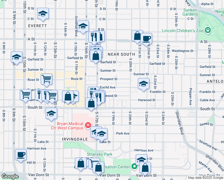 map of restaurants, bars, coffee shops, grocery stores, and more near 1836 Euclid Avenue in Lincoln