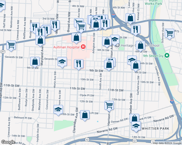 map of restaurants, bars, coffee shops, grocery stores, and more near 2408 9th Street Southwest in Canton