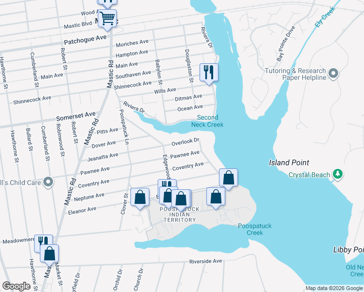 map of restaurants, bars, coffee shops, grocery stores, and more near 66 Overlook Drive in Mastic
