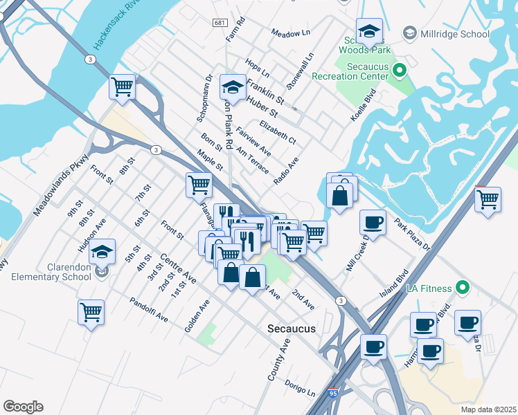 map of restaurants, bars, coffee shops, grocery stores, and more near 2 Radio Avenue in Secaucus
