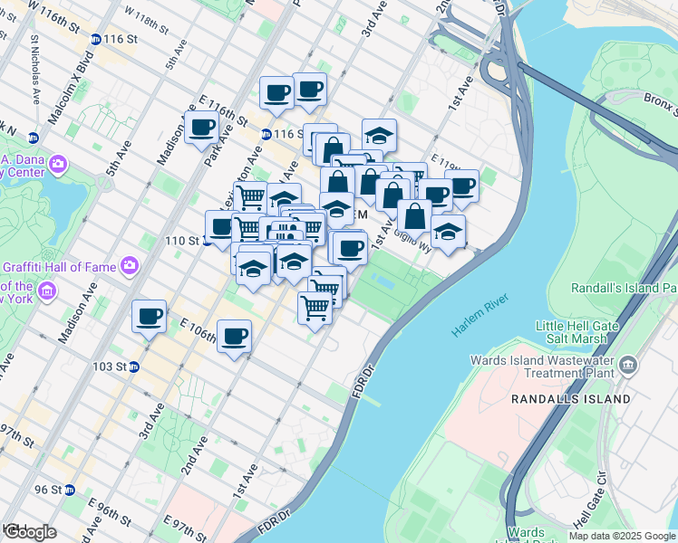 map of restaurants, bars, coffee shops, grocery stores, and more near 337 East 112th Street in New York
