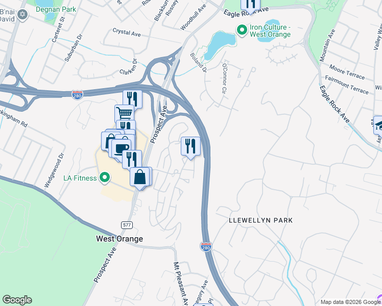 map of restaurants, bars, coffee shops, grocery stores, and more near 281 De Rose Court in West Orange