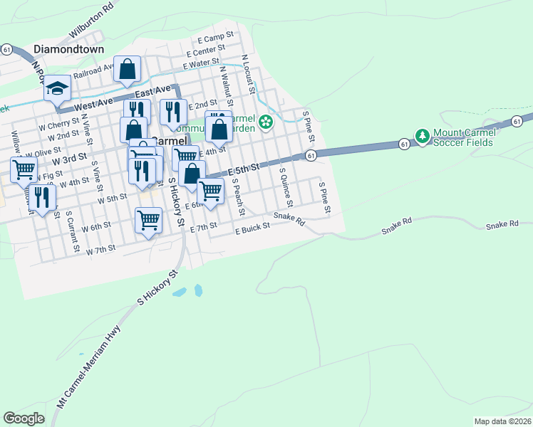 map of restaurants, bars, coffee shops, grocery stores, and more near 399 S Plum St in Mt Carmel