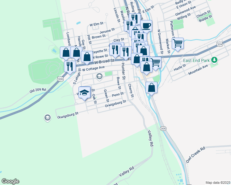map of restaurants, bars, coffee shops, grocery stores, and more near 143 Penn Street in Tamaqua