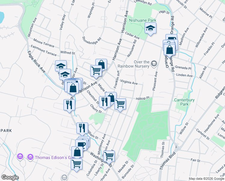 map of restaurants, bars, coffee shops, grocery stores, and more near 7 Kirk Street in West Orange